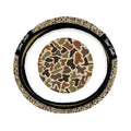 Grey and white camo print steering wheel cover with black trim