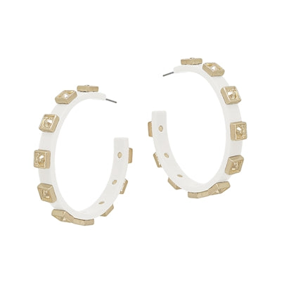 White Acrylic Hoop with Textured Gold Squares 2" Hoop Earring