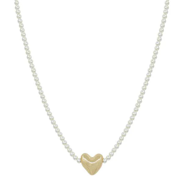 Pearl Beaded Chain Puffy Heart 16"-18" Necklace