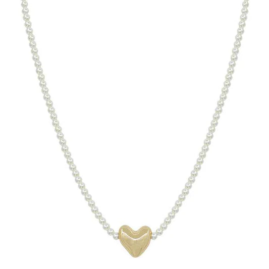 Pearl Beaded Chain Puffy Heart 16"-18" Necklace