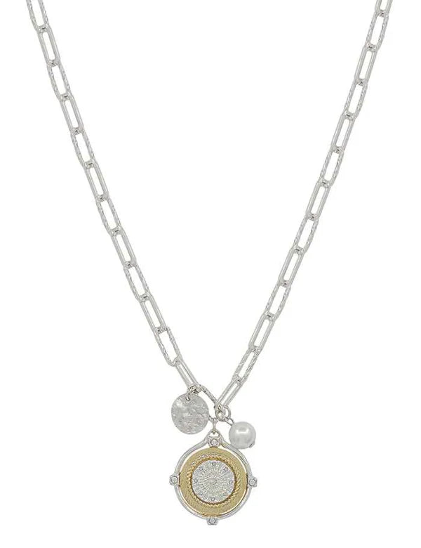 Silver Chain Two Tone Coin Pearl Charm 16"-18" Necklace