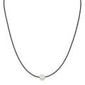 Leather cord necklace with freshwater pearl pull string, shown in one of two available colors