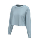 A light blue long-sleeve crop top with a wide crew neck, displayed on a clean white background.