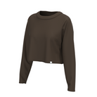 A dark brown long-sleeve crop top with a wide crew neck, displayed on a clean white background.