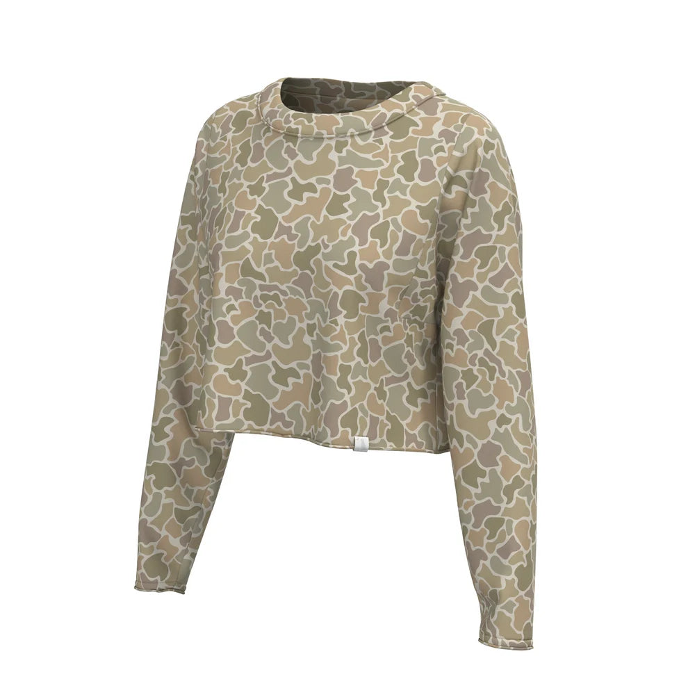A long-sleeve cropped pullover sweatshirt with an all-over abstract camouflage pattern in beige, olive green, and brown tones, shown against a plain white background.