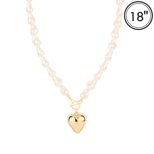 Freshwater Pearl Chain Gold Puffy Heart 16"-18" Necklace