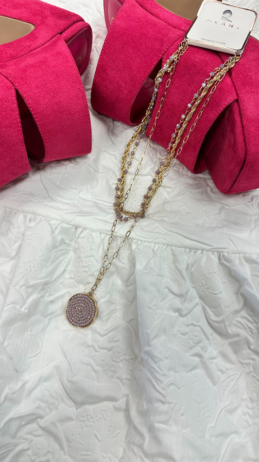 Gold Layered Chain Lavender Crystal Circle 16"-18" Necklace