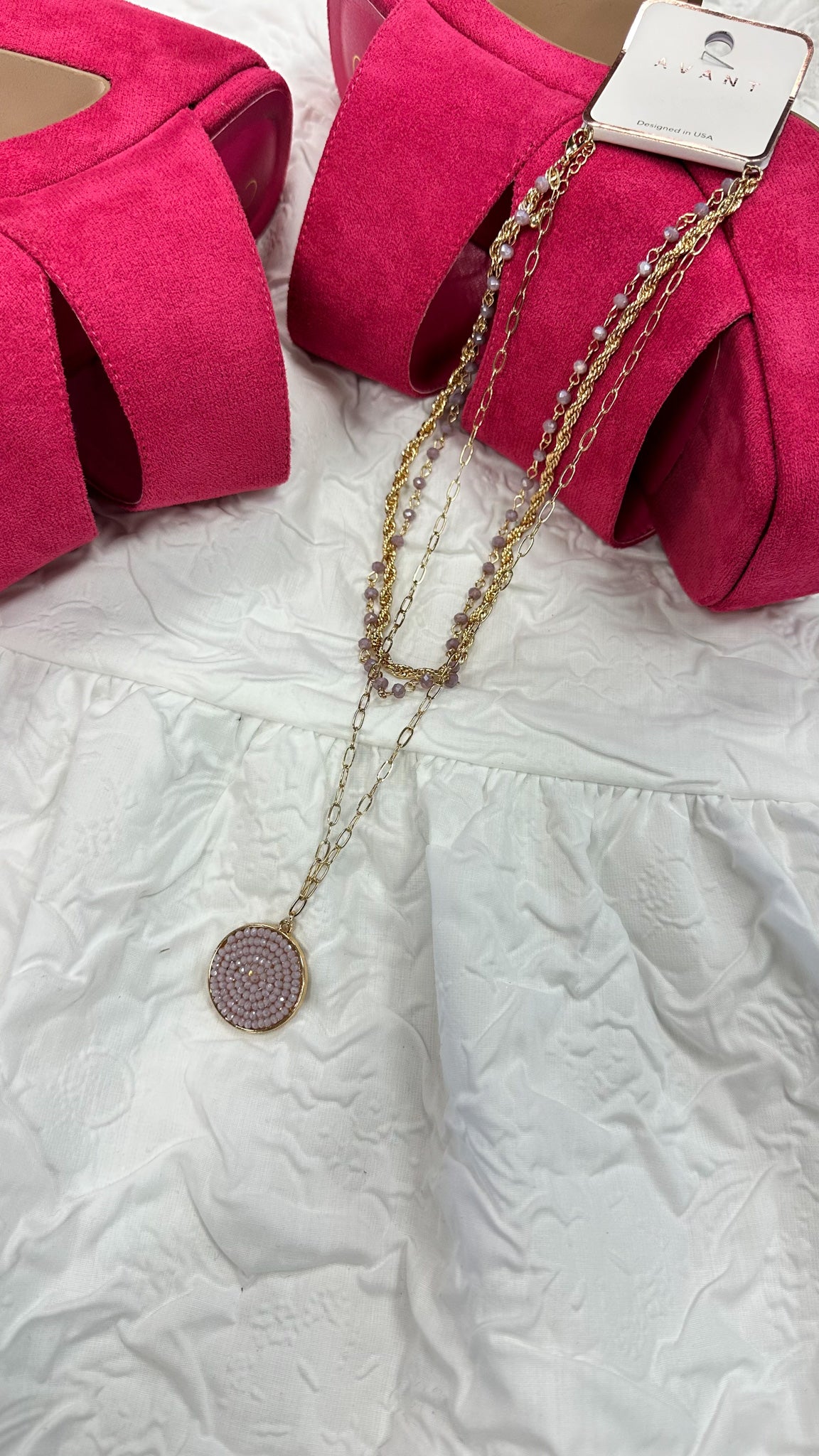 Gold Layered Chain Lavender Crystal Circle 16"-18" Necklace