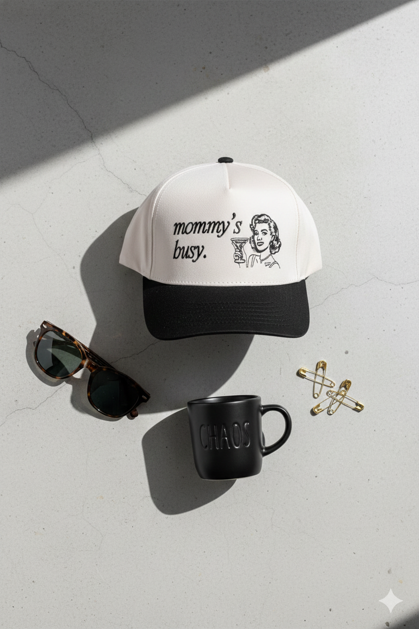 Mommy's Busy Cream Black Trucker Hat