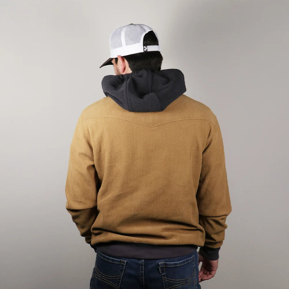 Hooey Men's Cowboy Corduroy Hoodie in brown, back view showing the dark hood and yoke
