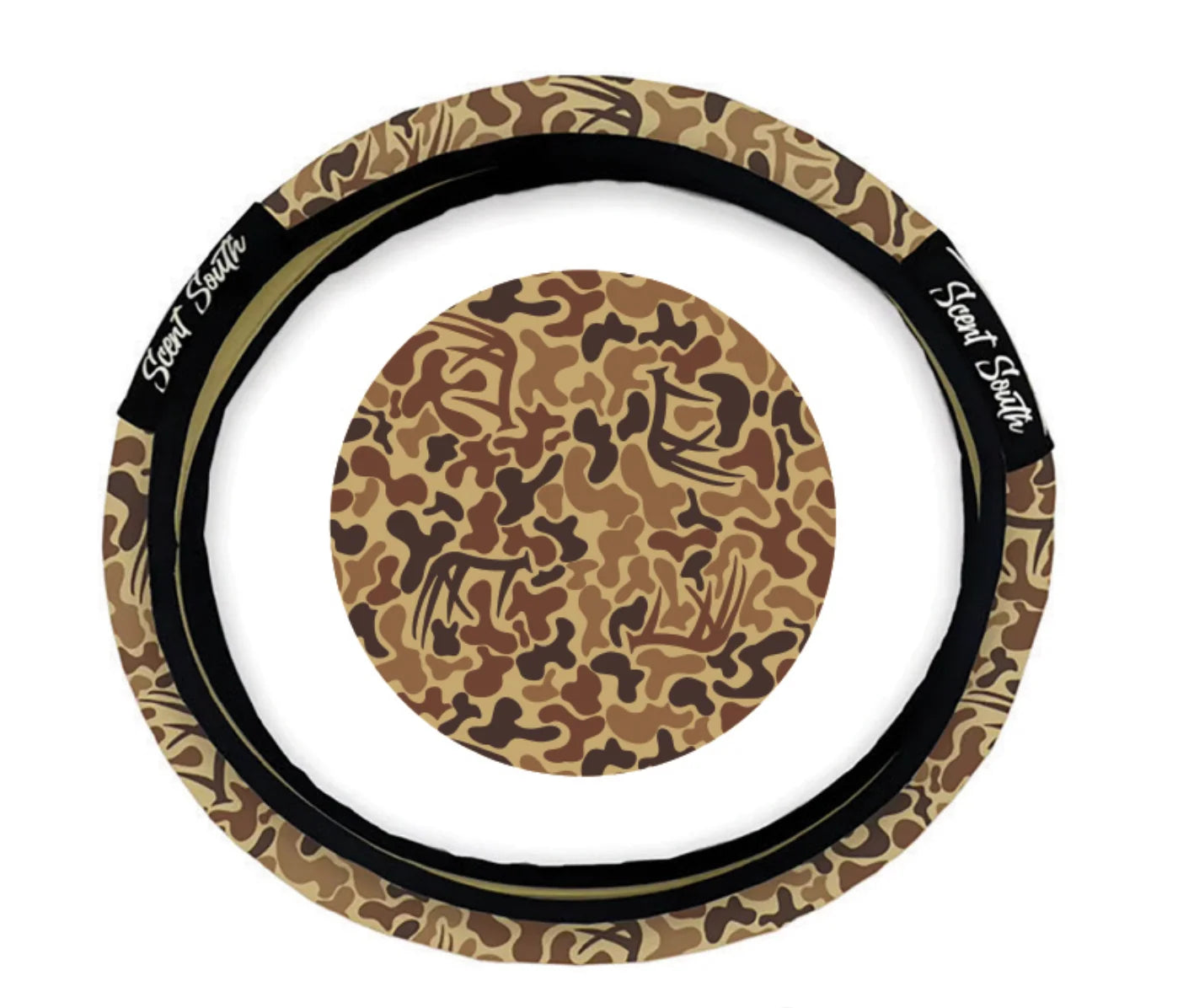 Grey and white camo print steering wheel cover with black trim