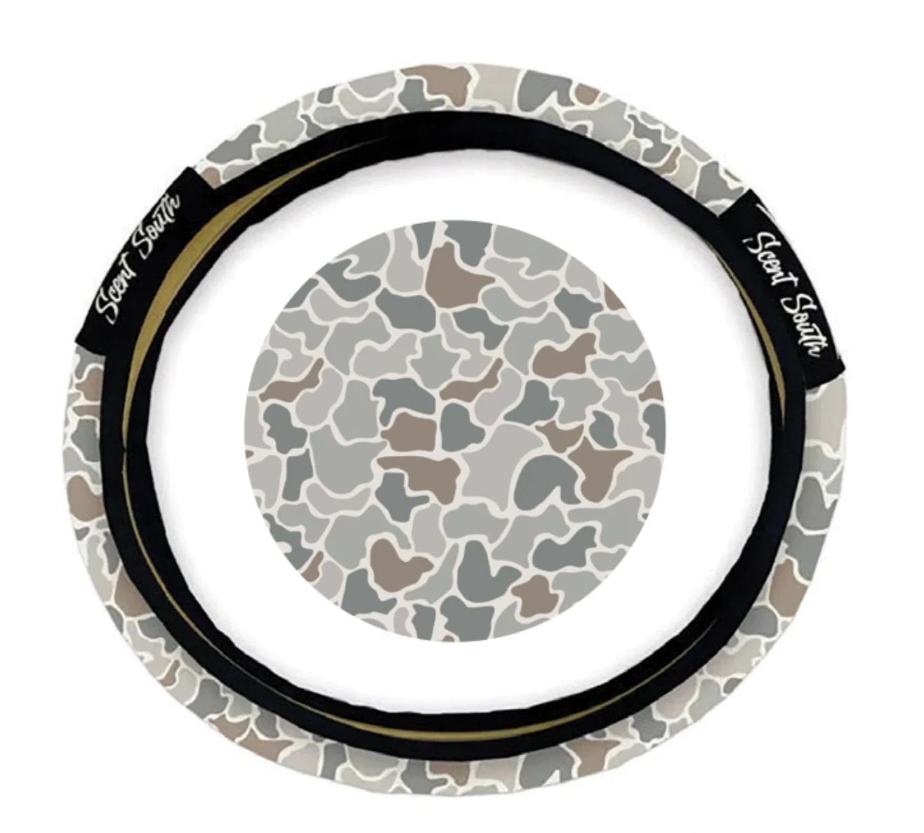 Grey and white camo print steering wheel cover with black trim
