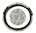 Grey and white camo print steering wheel cover with black trim