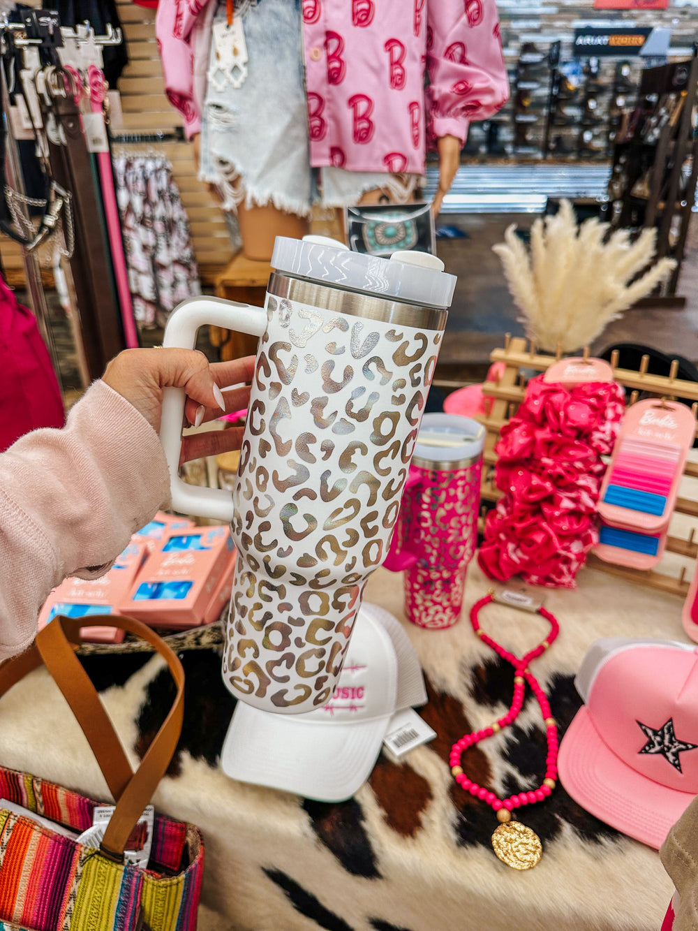 40oz. Leopard Stainless Steel Tumbler-Cream