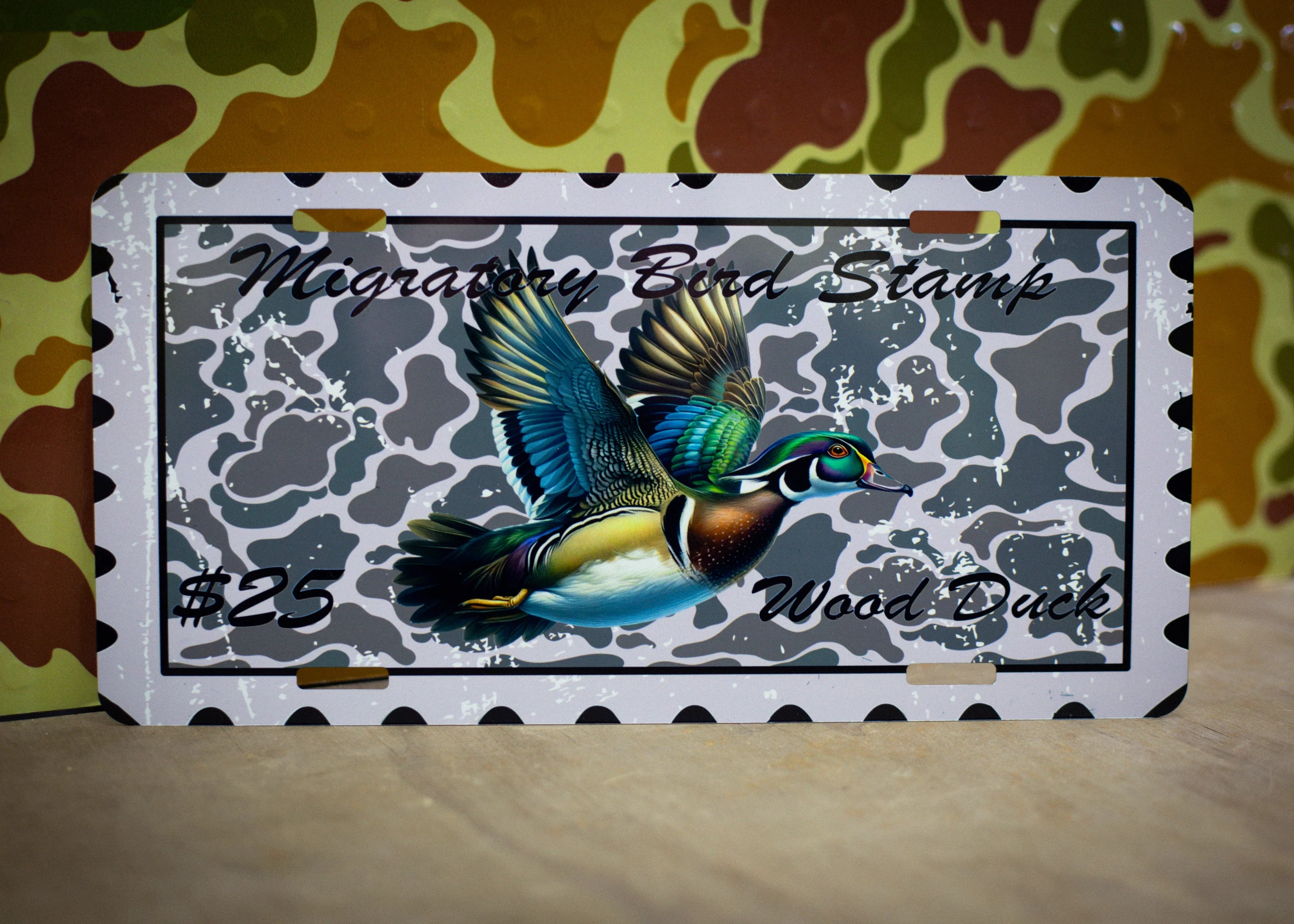 Decorative license plates in camo turkey, farm, and patriotic novelty designs