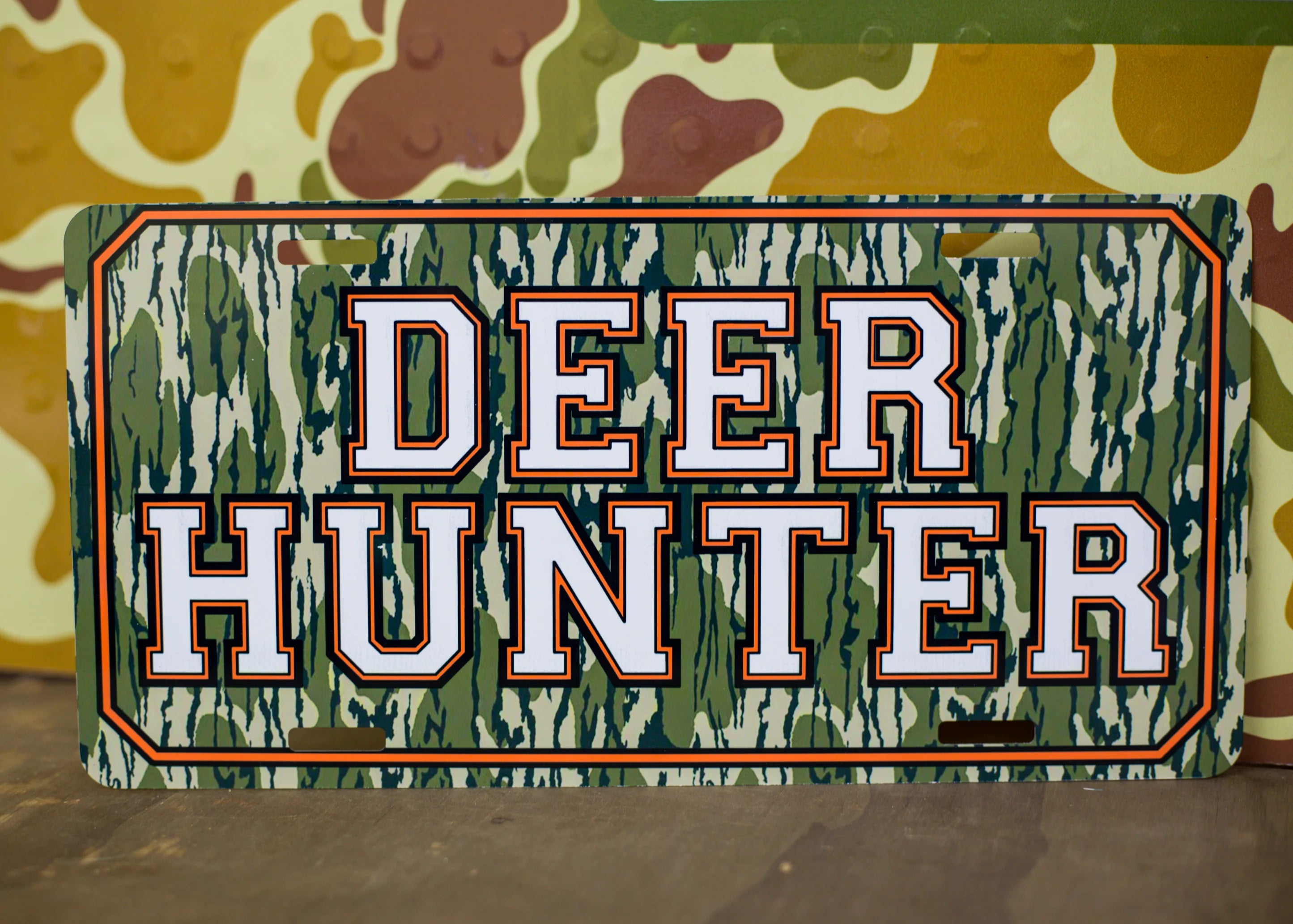 Decorative license plates in camo turkey, farm, and patriotic novelty designs
