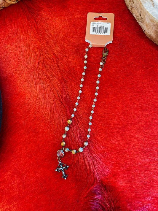 Beaded Chain Cross Pendant Necklace