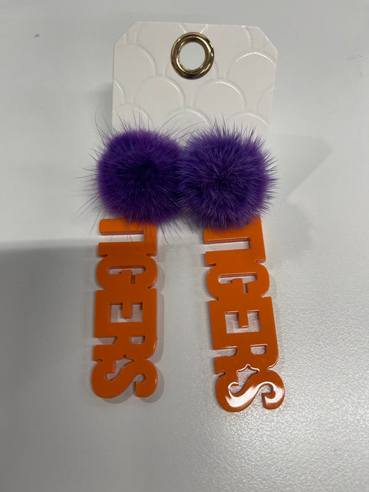 Tiger Gameday Acrylic Earring With Purple Pom