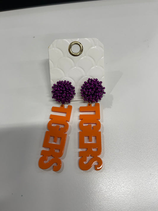 Tiger Acrylic Gameday Earrings with Purple Beaded Pom