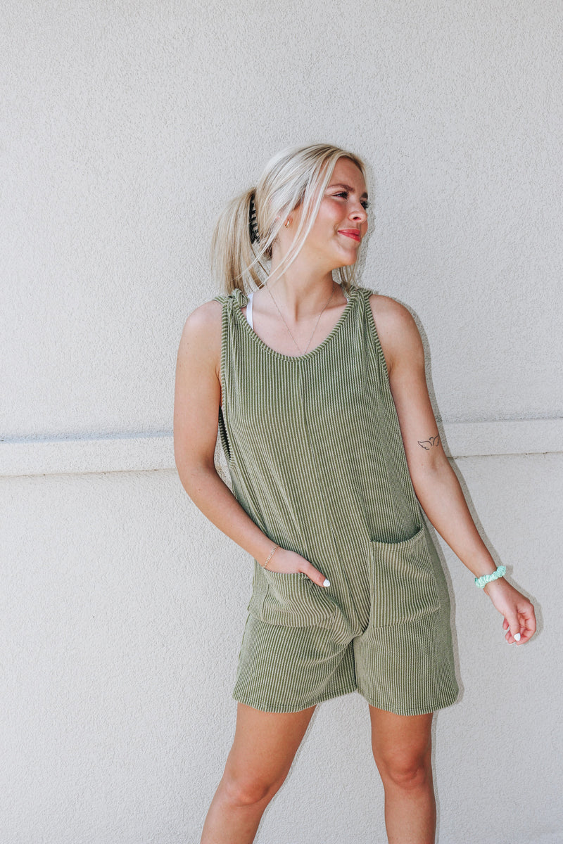 Walk With Me Olive Ribbed Romper