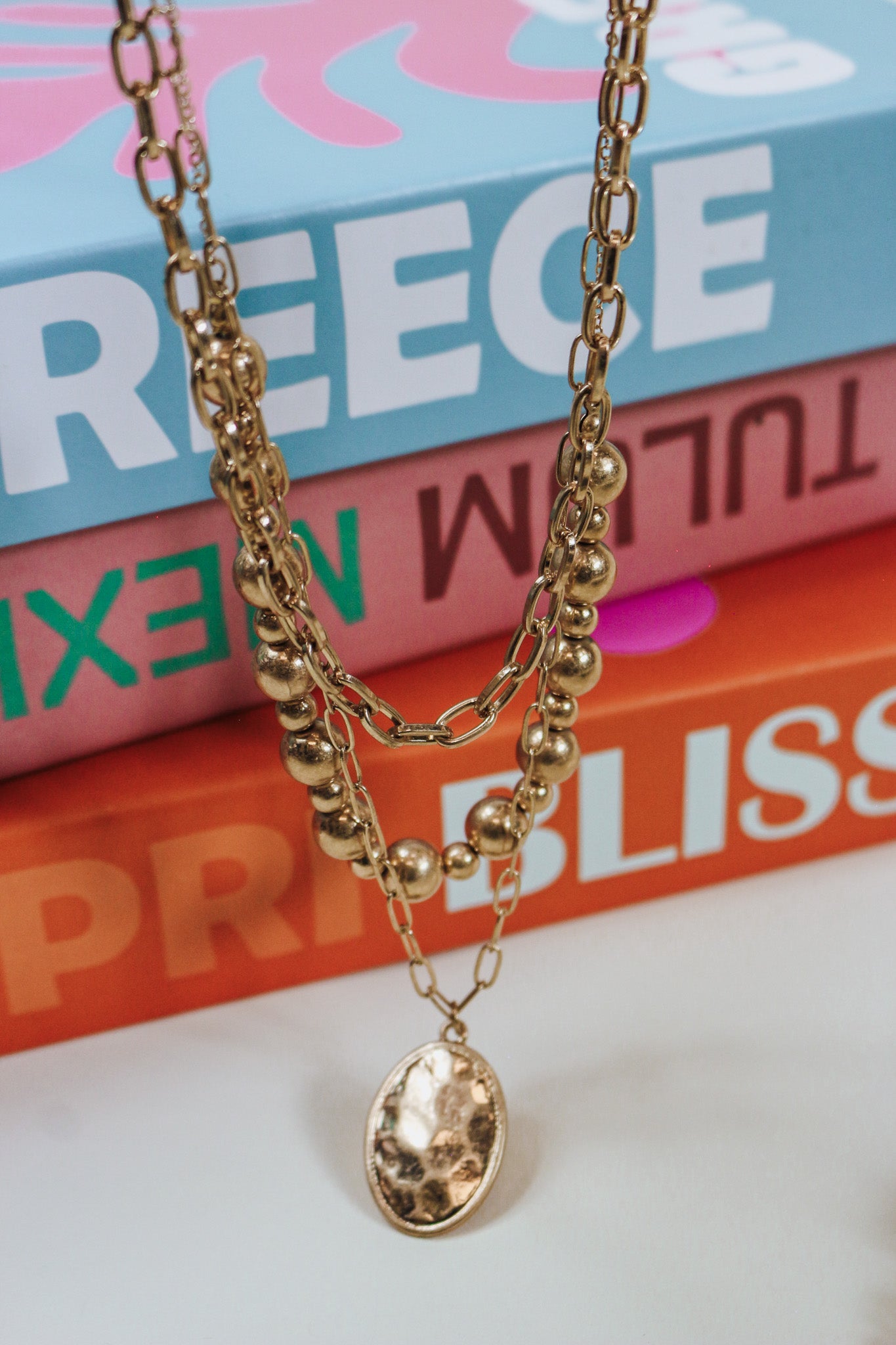 Gold Triple Chain with Oval Charm Necklace