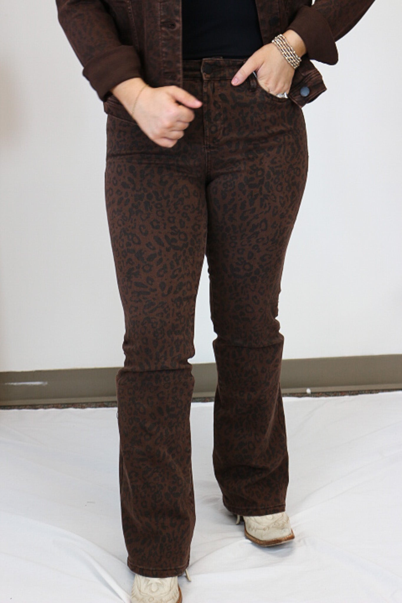 Jaxtyn Brown Leopard Bootcut Jeans Dear John