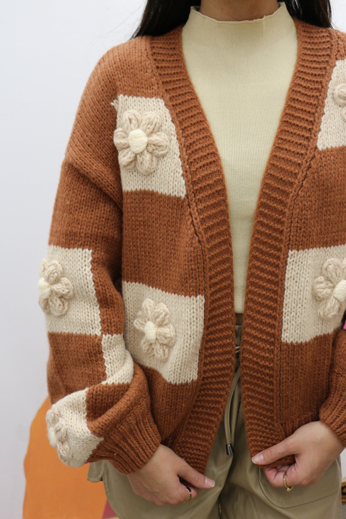 Slouch Around Floral Checker Cinnamon Sweater Cardigan