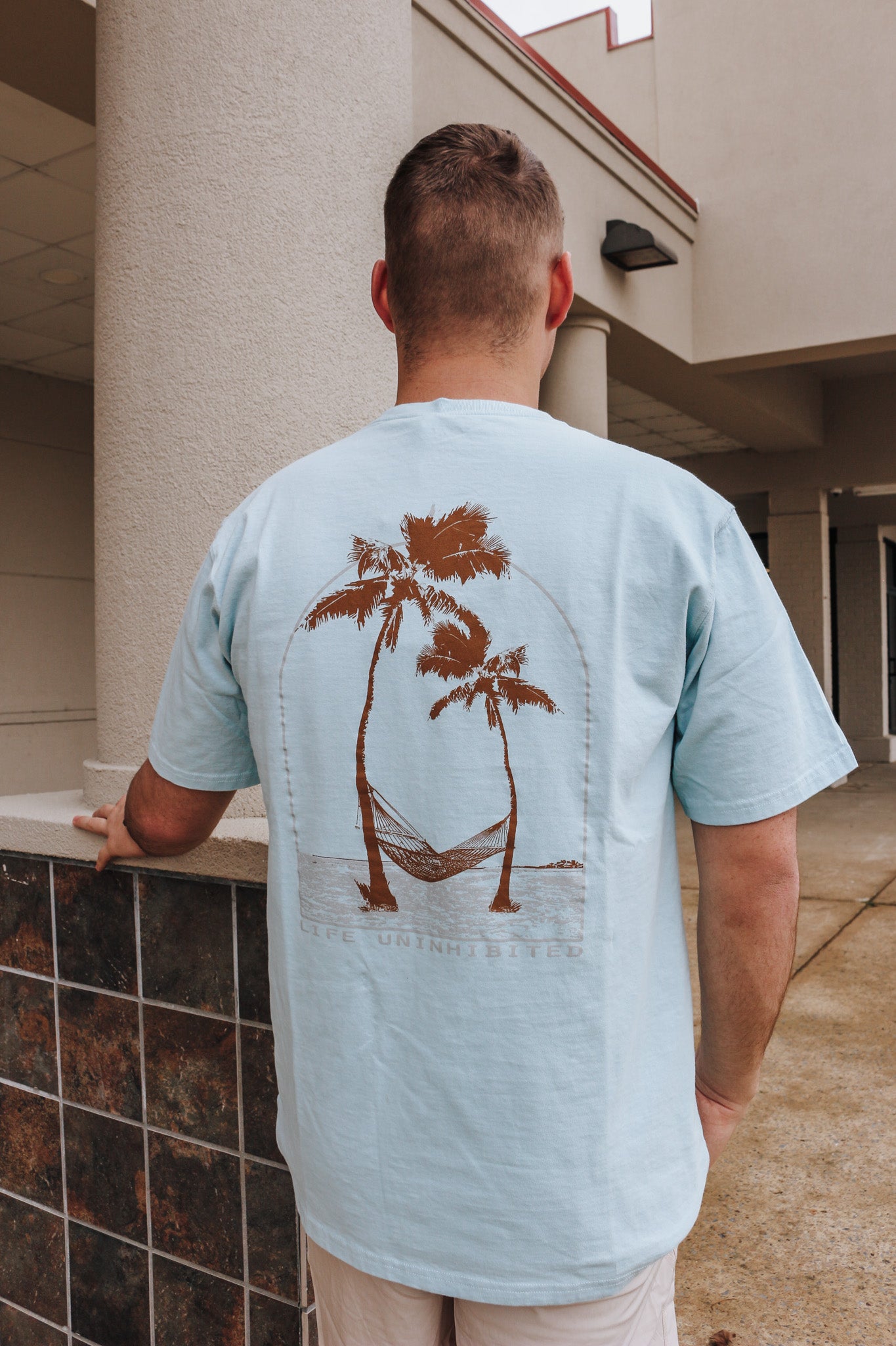 Men's Coastal Cotton Sky Blue Palm Tree Tee