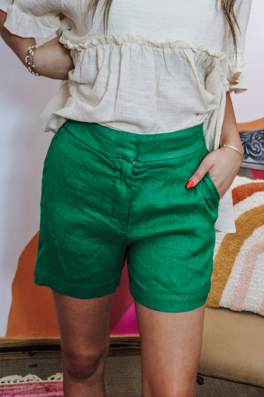 Tonya High Rise Green Linen Shorts