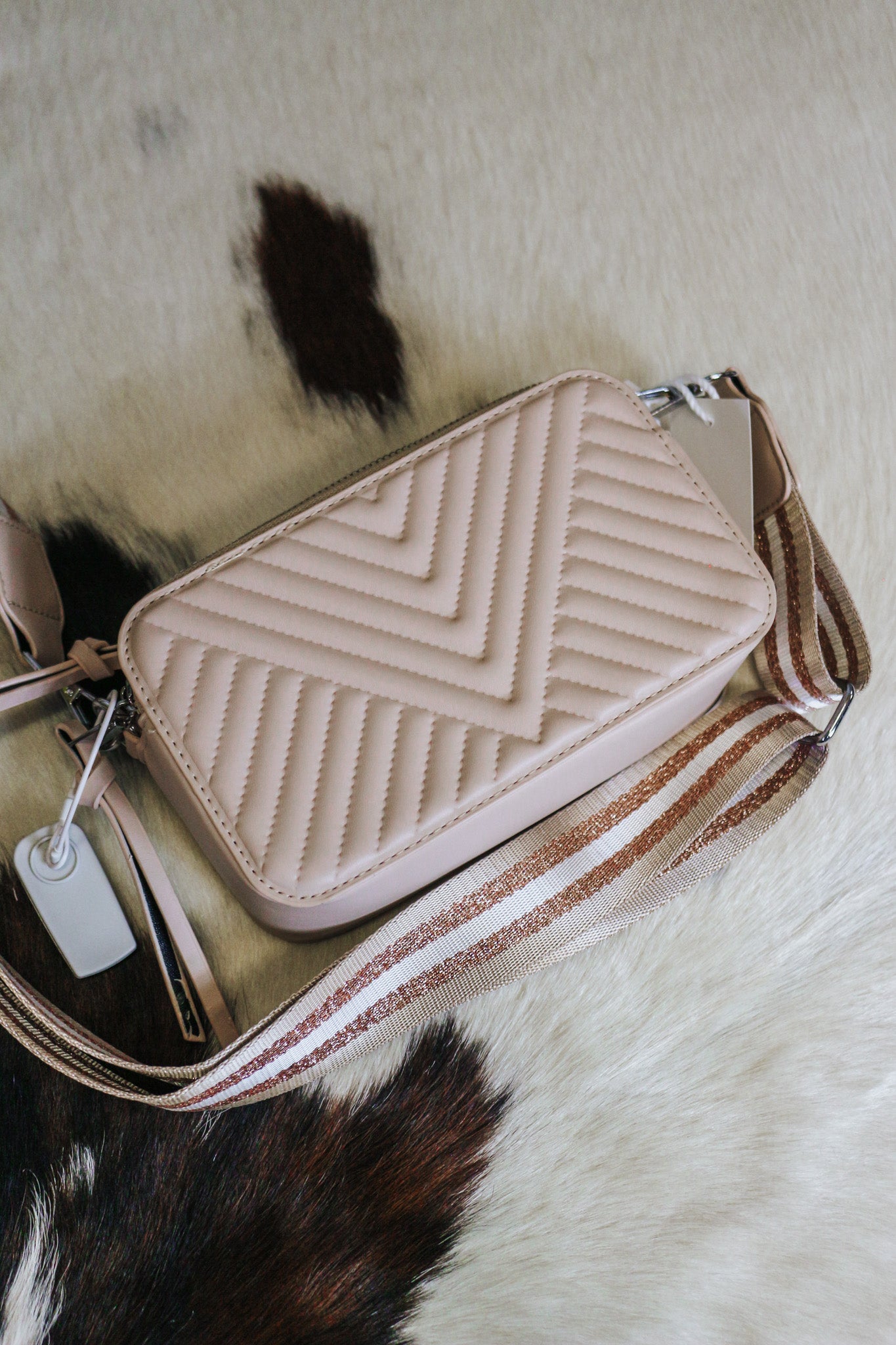 Quilted Fashion Zipper Crossbody Bag- Nude