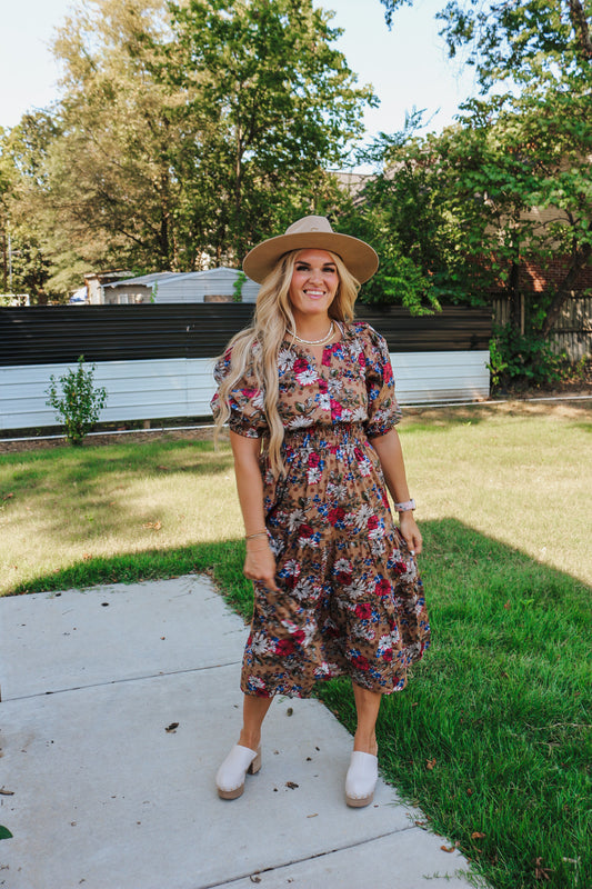 Sweet Victory Brown Floral Midi Dress