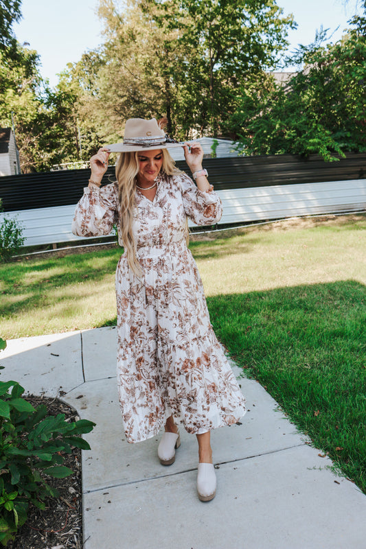 Through The Garden Brown Cream Floral Maxi Dress