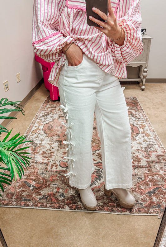 Move With Grace White Bow Jeans