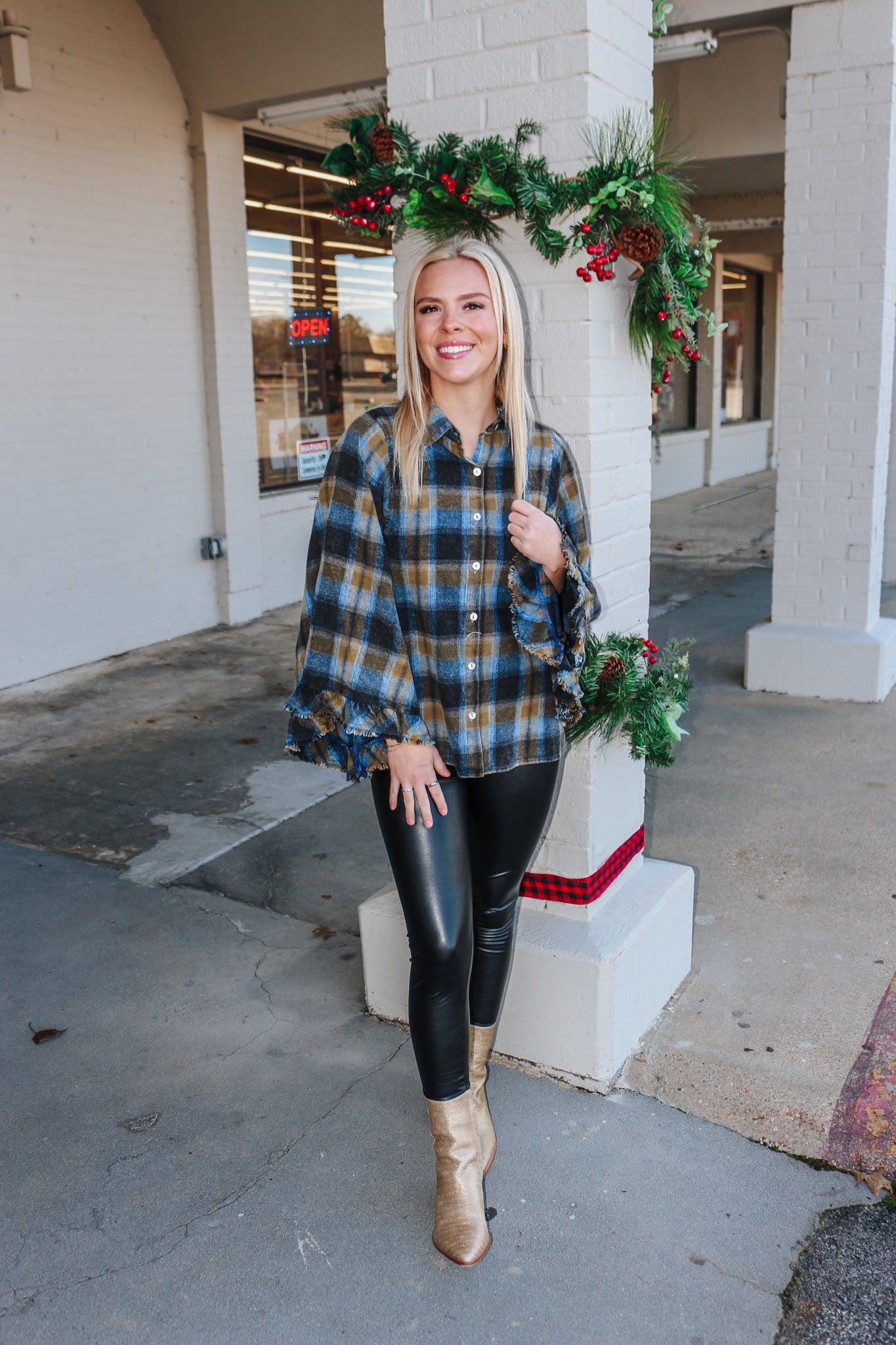 Same Old Story Navy Plaid Blouse