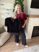 Dear John Maddox velvet tees in Toasted Currant and Black Velvet, showing the boxy shape and short sleeves.