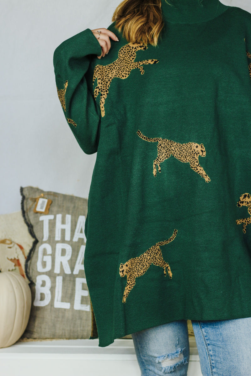 Party & Play Hunter Green Leopard Sweater