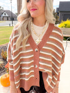 Close-up of the Camel Multi striped cardigan showing textured knit, ribbed V-neck trim and button front.