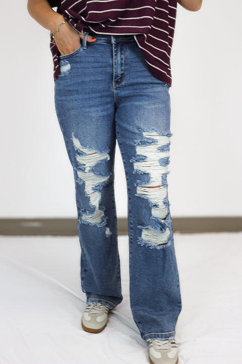 Women's Heavy Destroy High Waisted Straight Leg Jeans Judy Blue