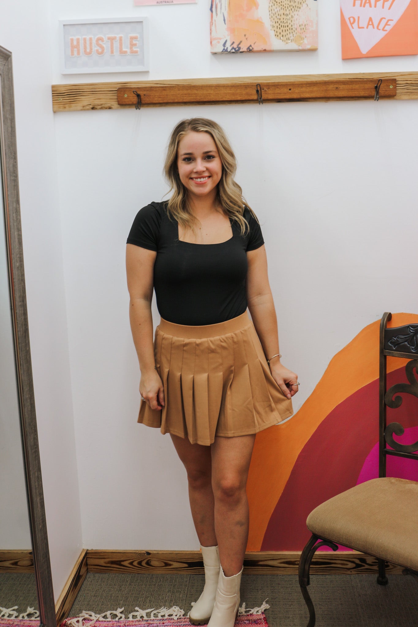 Found A New Way Pleated Camel Skort