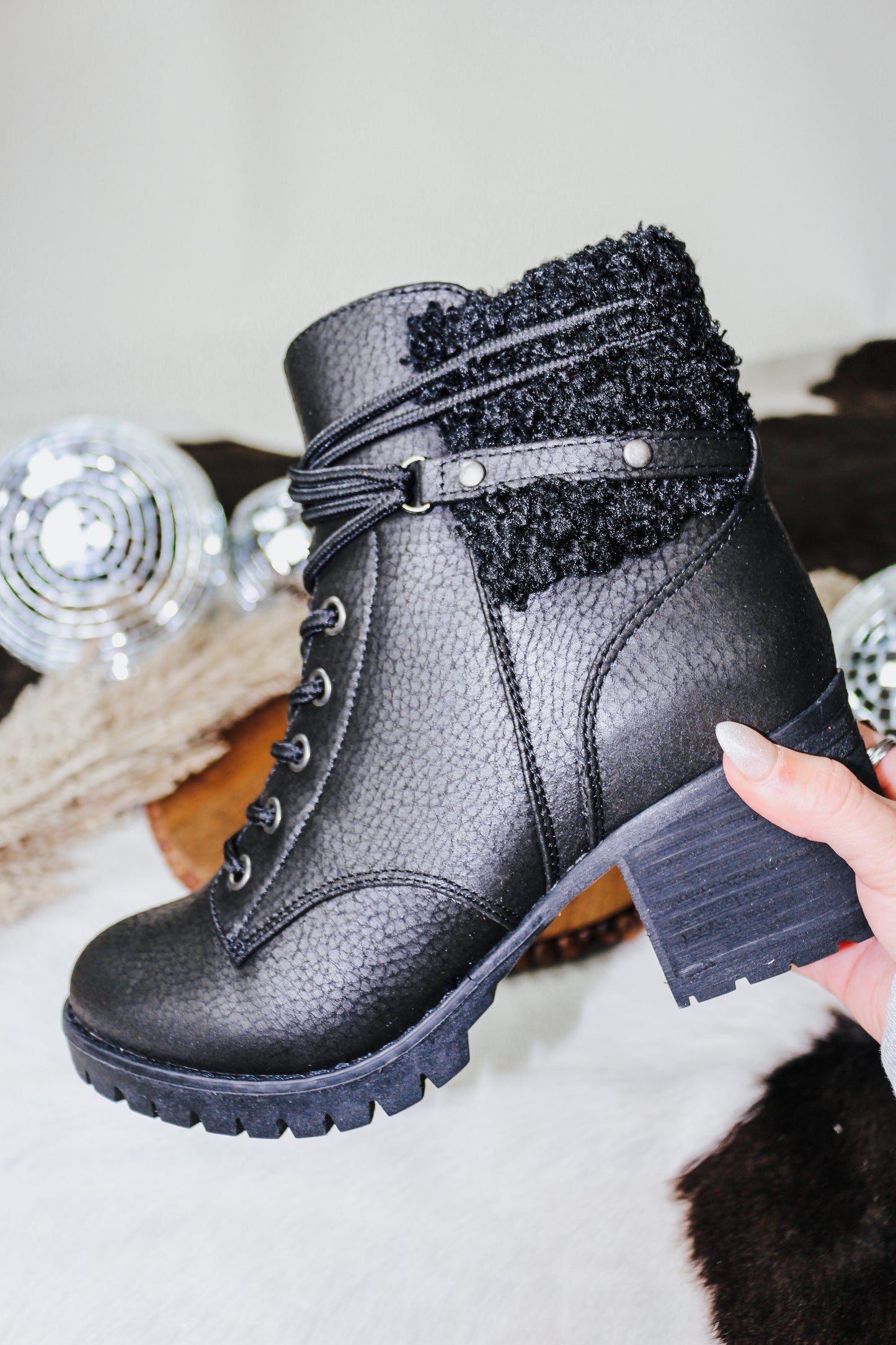 Olivia Black Leather Combat Booties