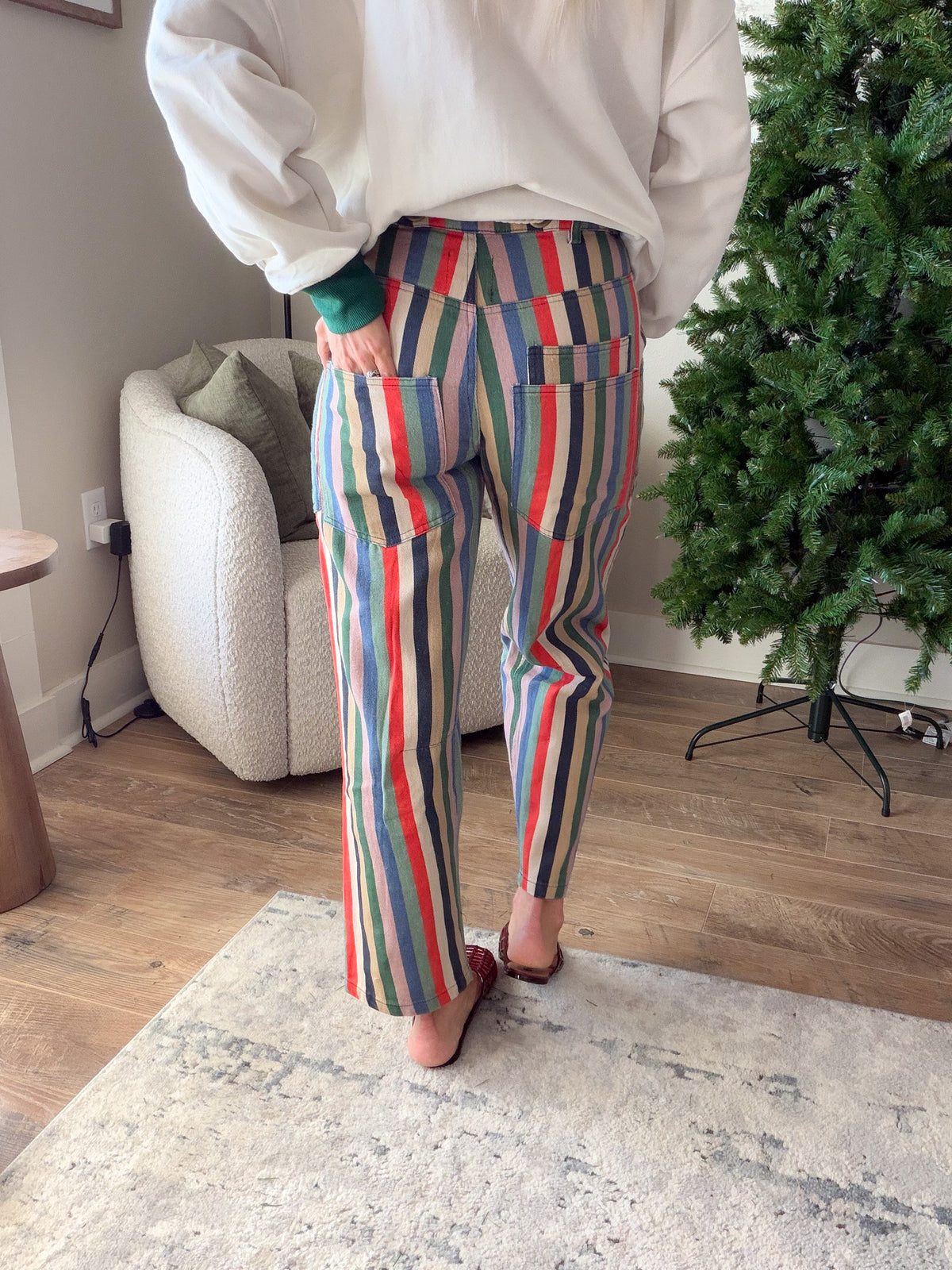 Back view of multicolor striped relaxed fit jeans showing the double-layered patch pockets and wide legs.