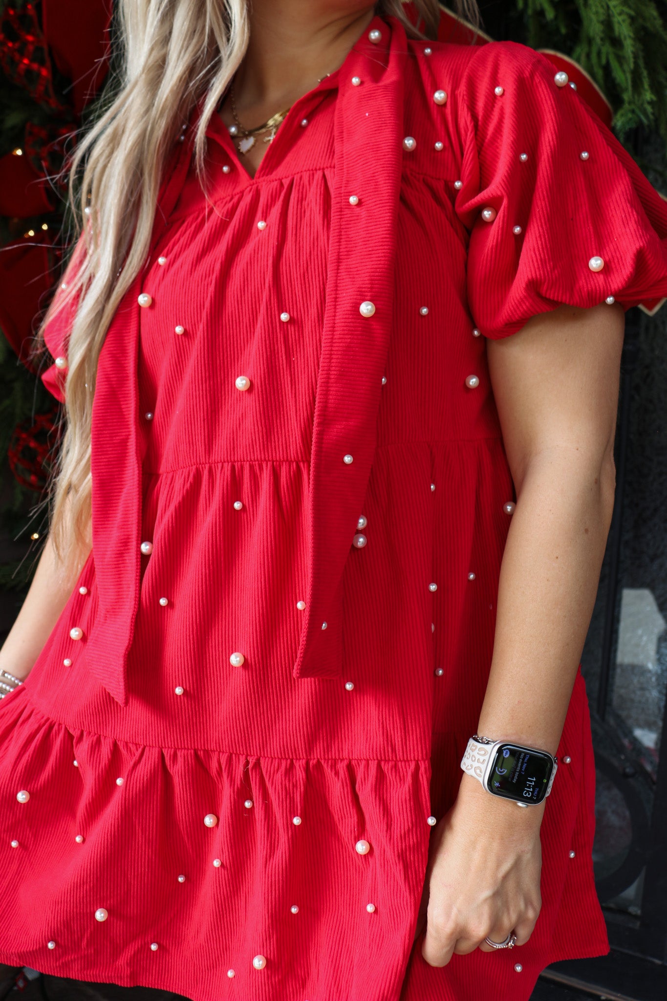 Wonderful Timing Red Pearl Corduroy Dress