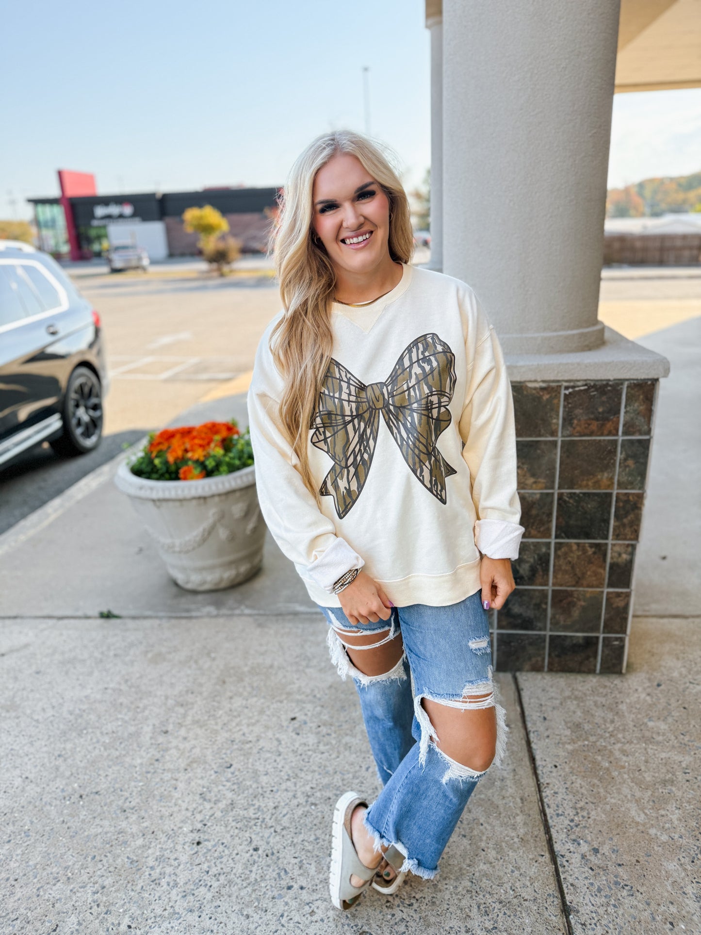 Cream Camo Bow Sweatshirt