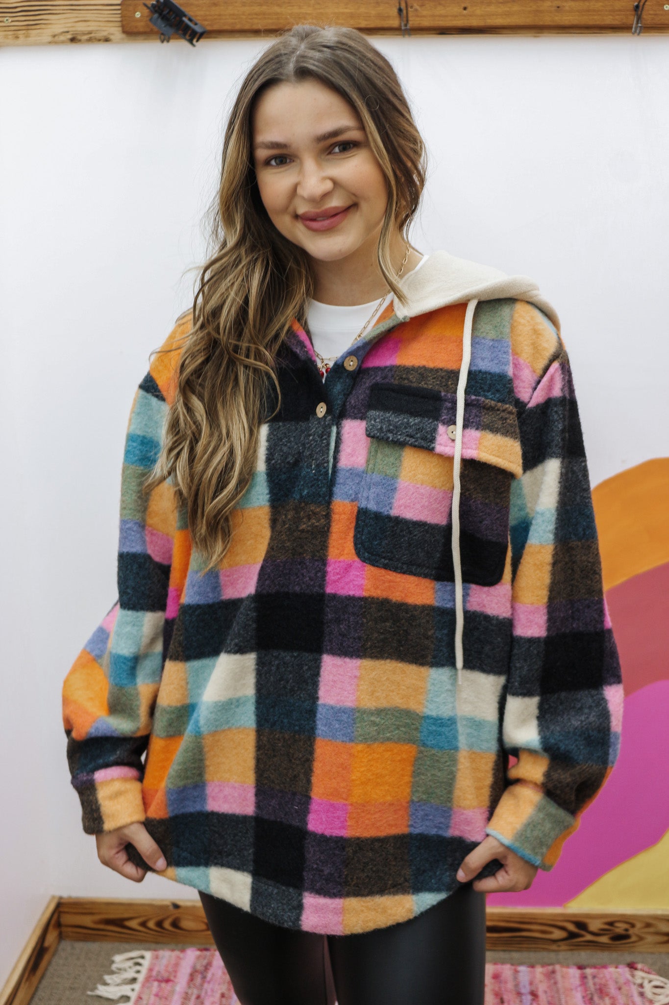 Bonfire Bliss Fleece Multi Color Plaid Hoodie