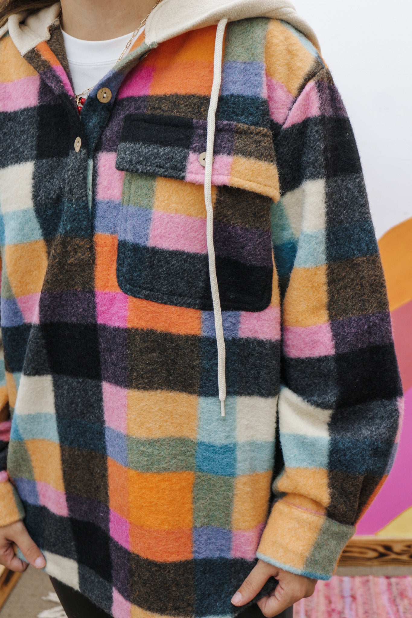 Bonfire Bliss Fleece Multi Color Plaid Hoodie