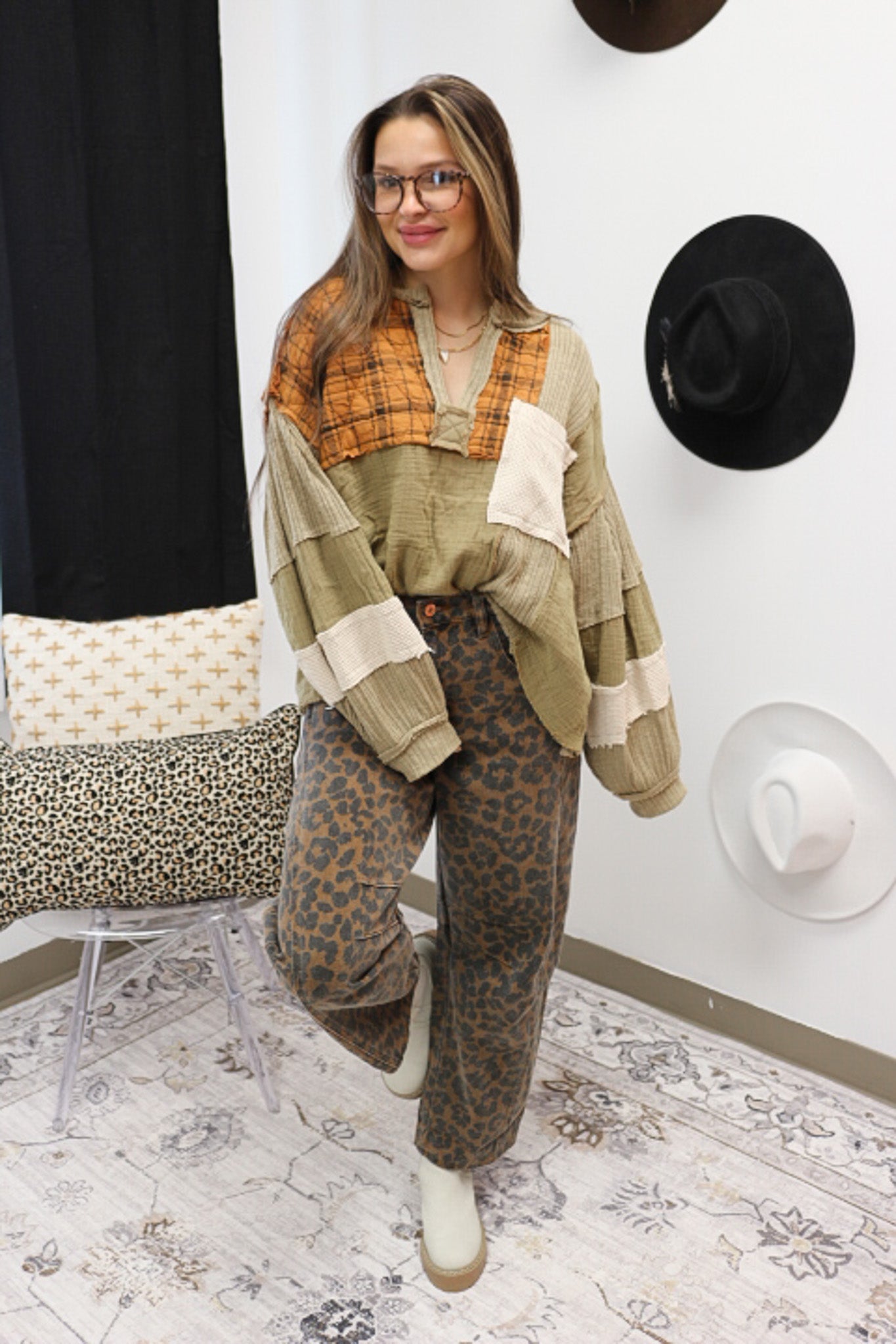 Seasonal Memories Taupe Beige Patch Top