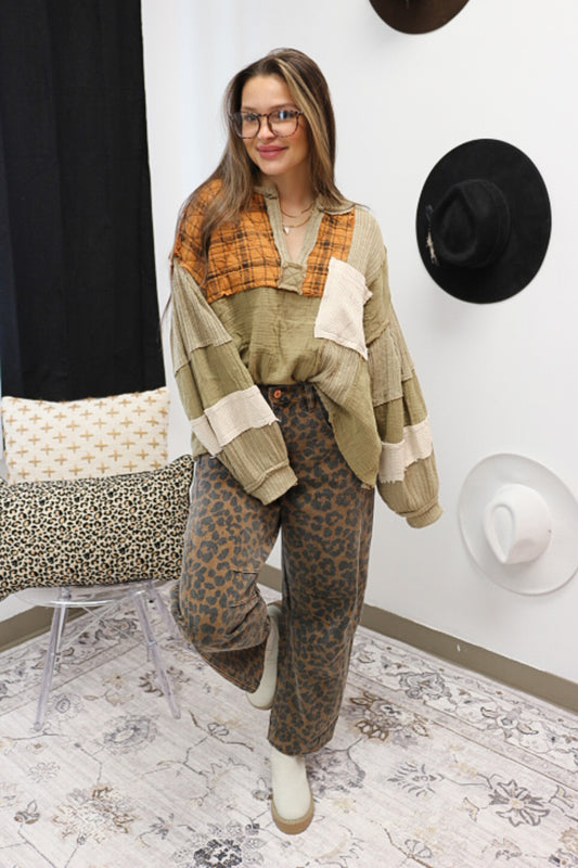 Seasonal Memories Taupe Beige Patch Top