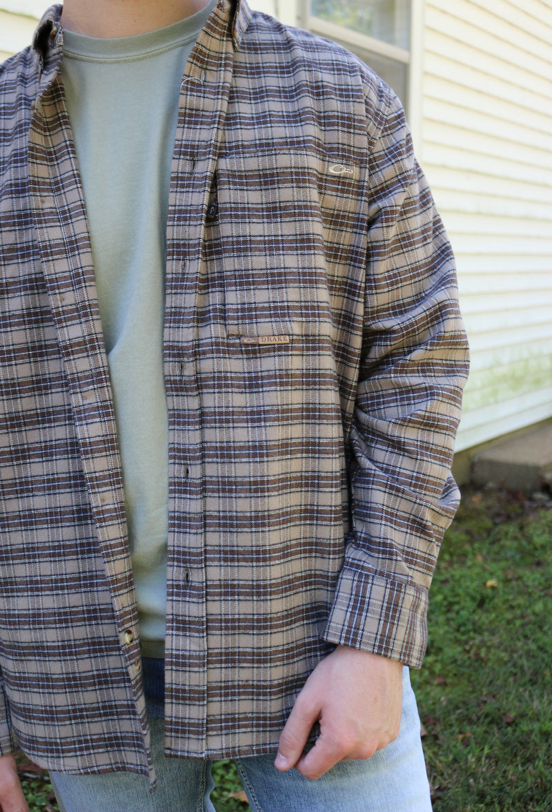 Timber Wolf Khaki Brown Autumn Brushed Twill Plaid Button Down