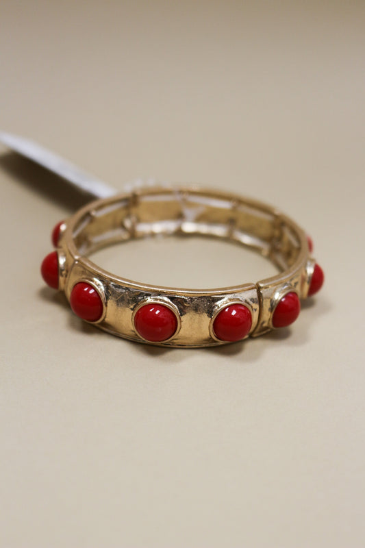 Red Studded Gold Hammered Stretch Bracelet