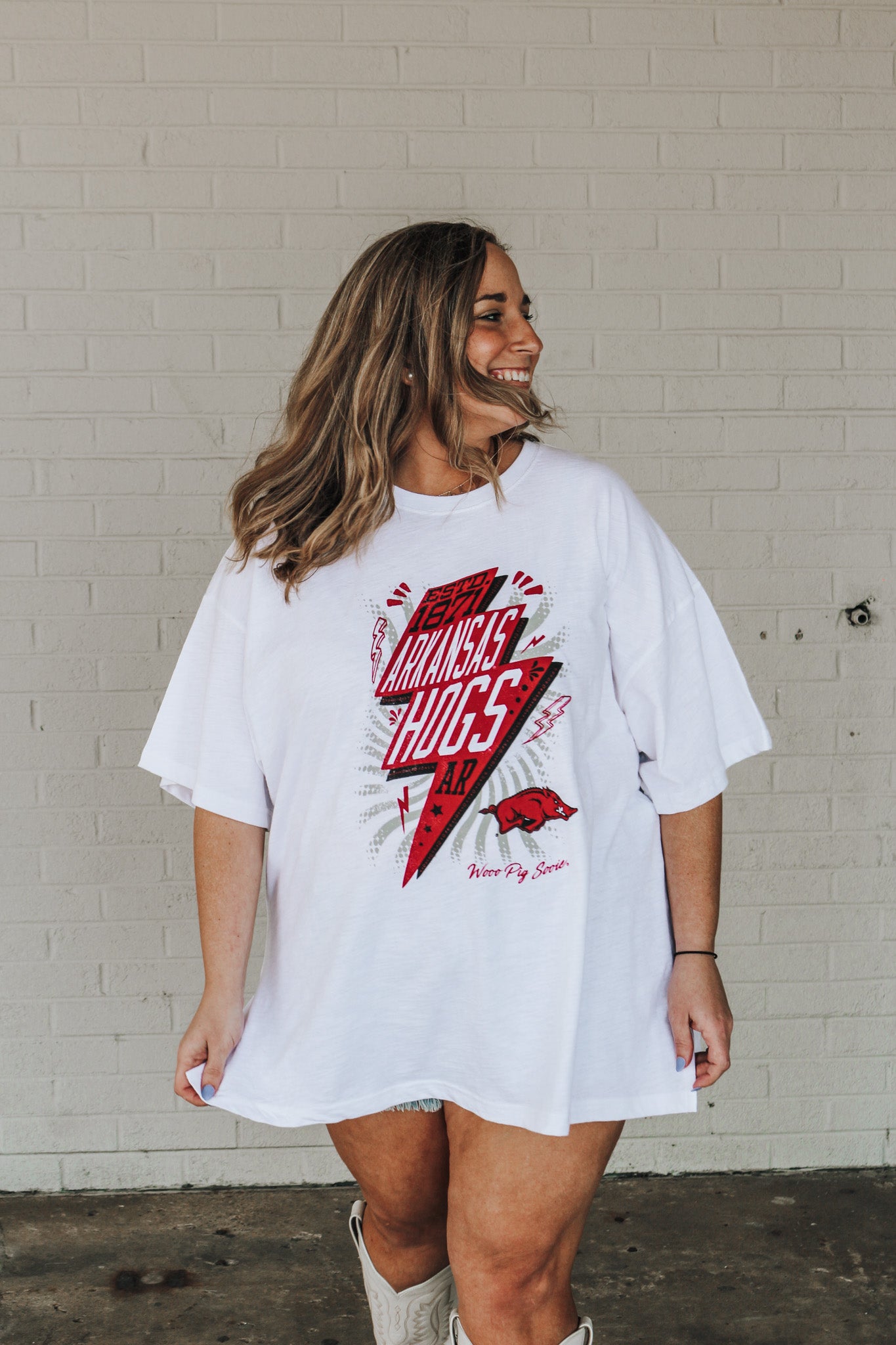 White Arkansas Razorback Lightning Bolt Tee